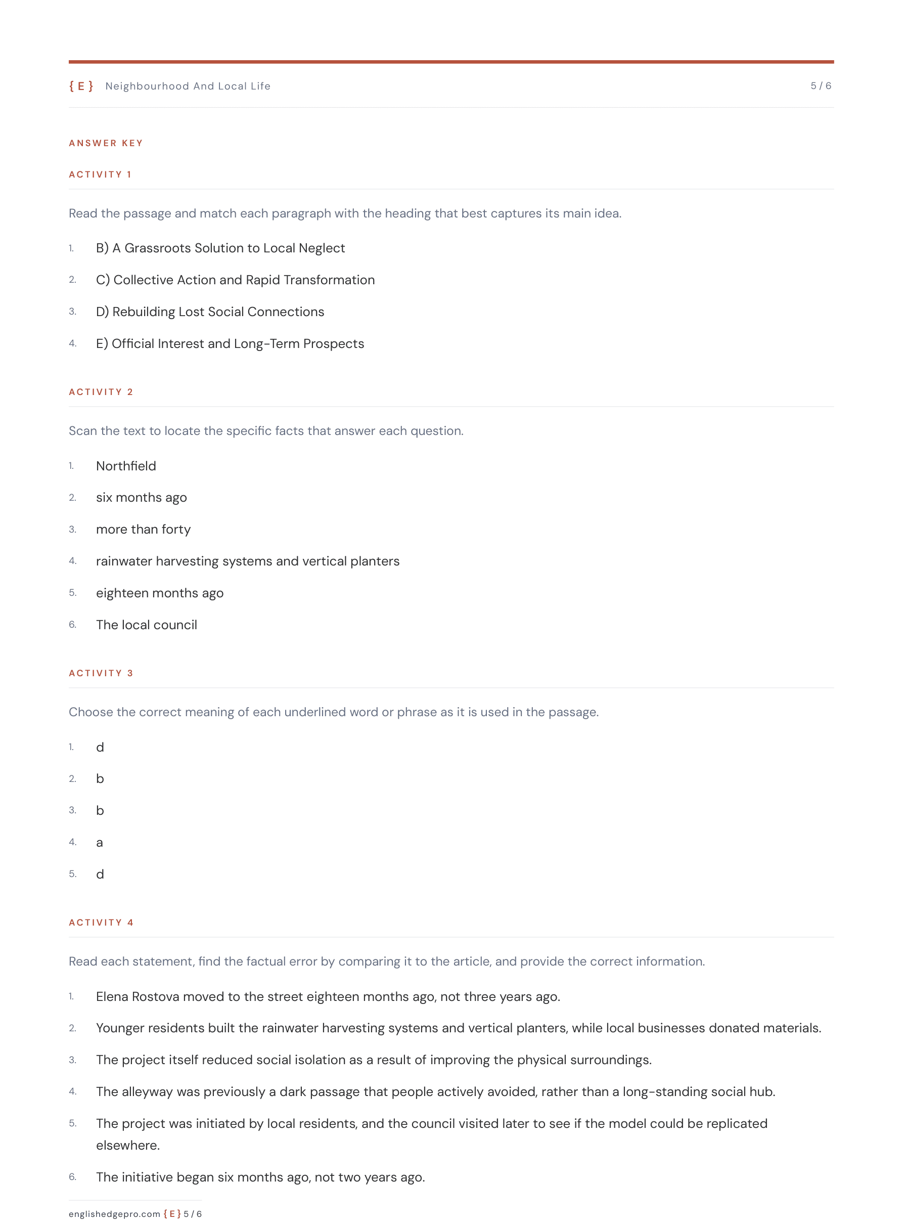 The answer key page for the Green Lane Project worksheet