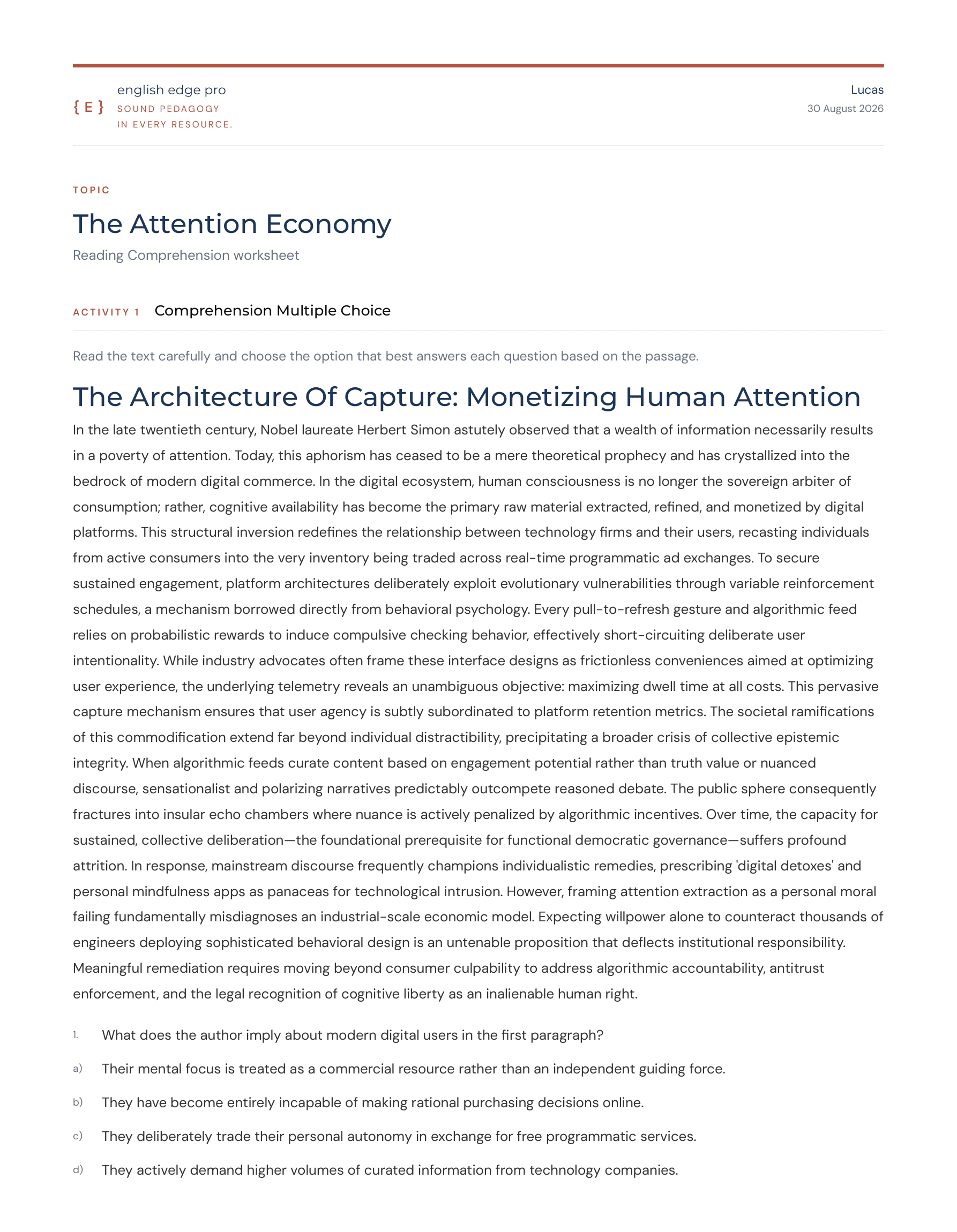 Reading Comprehension worksheet, 'The Attention Economy', with a full passage and a multiple-choice activity