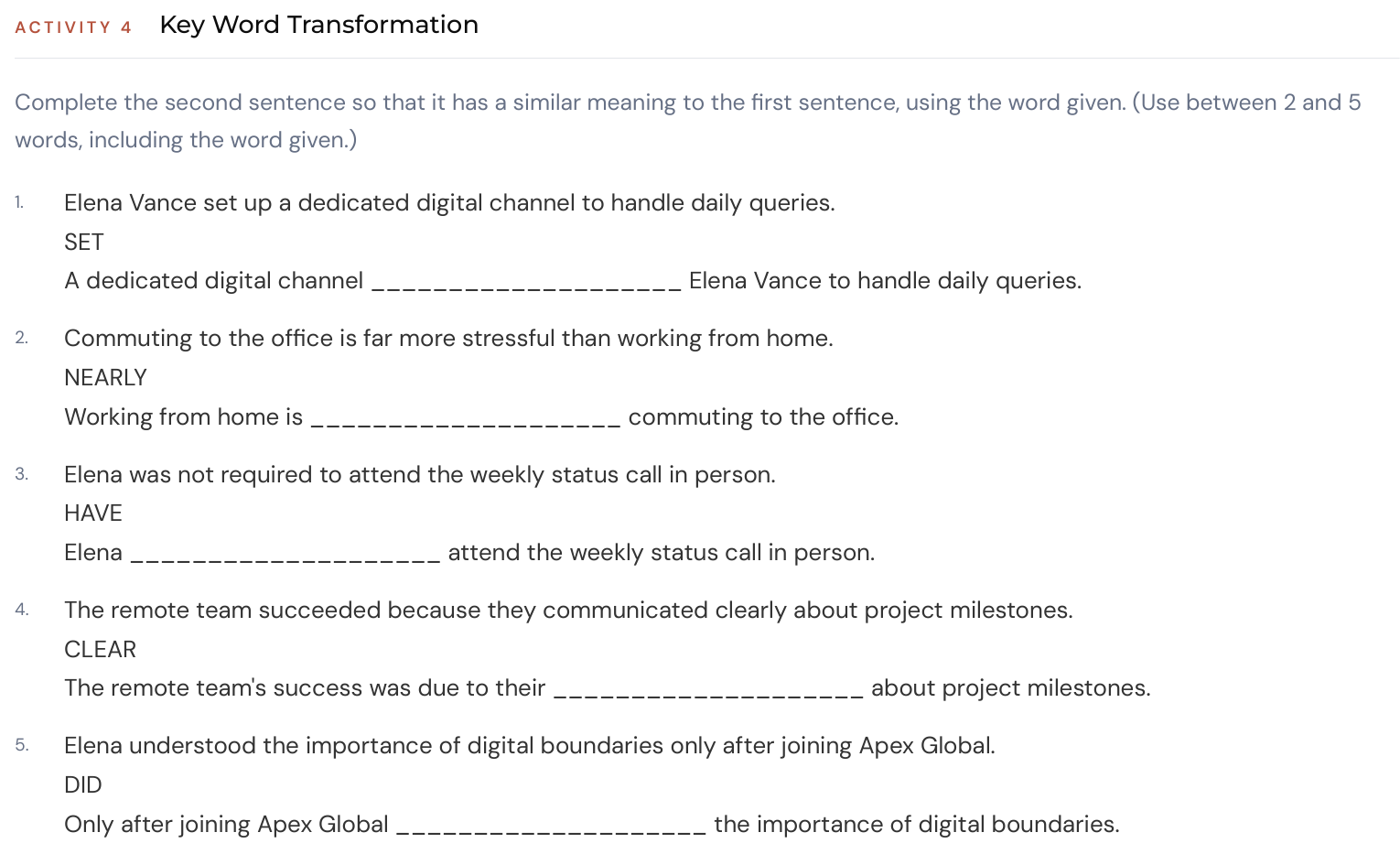 Activity 4, Key Word Transformation, from an EEP-generated Use of English worksheet, showing five numbered items each with an original sentence, a given word, and a gapped rewrite.