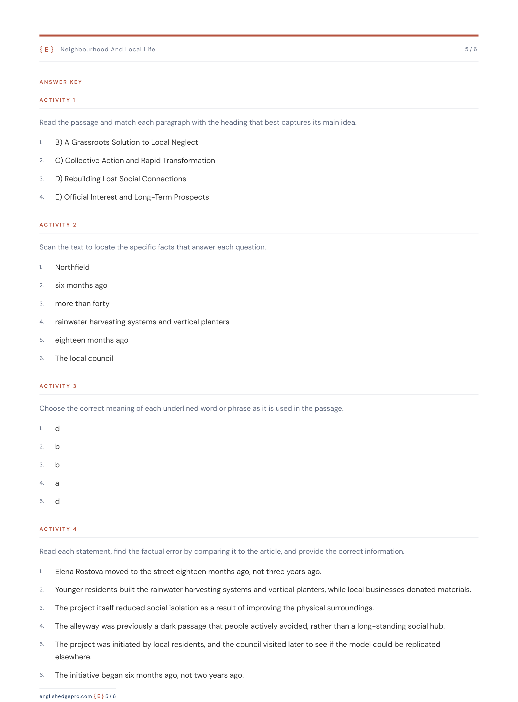 The answer key page for the Green Lane Project worksheet