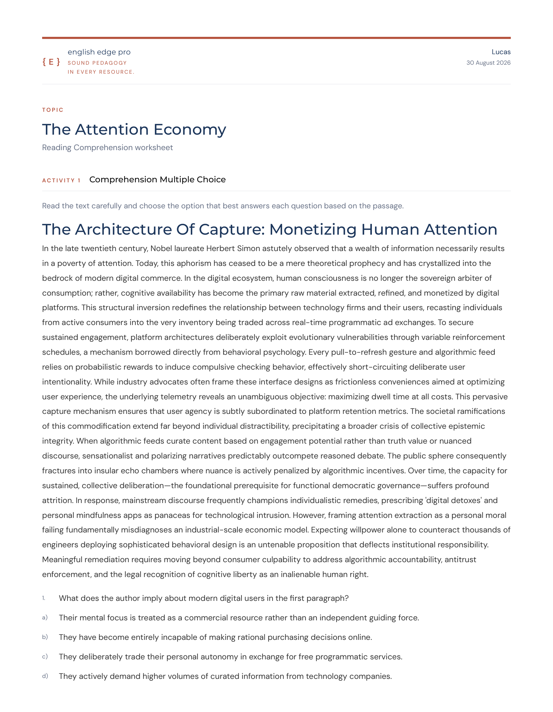 Reading Comprehension worksheet, "The Attention Economy", with a full passage and a multiple-choice activity