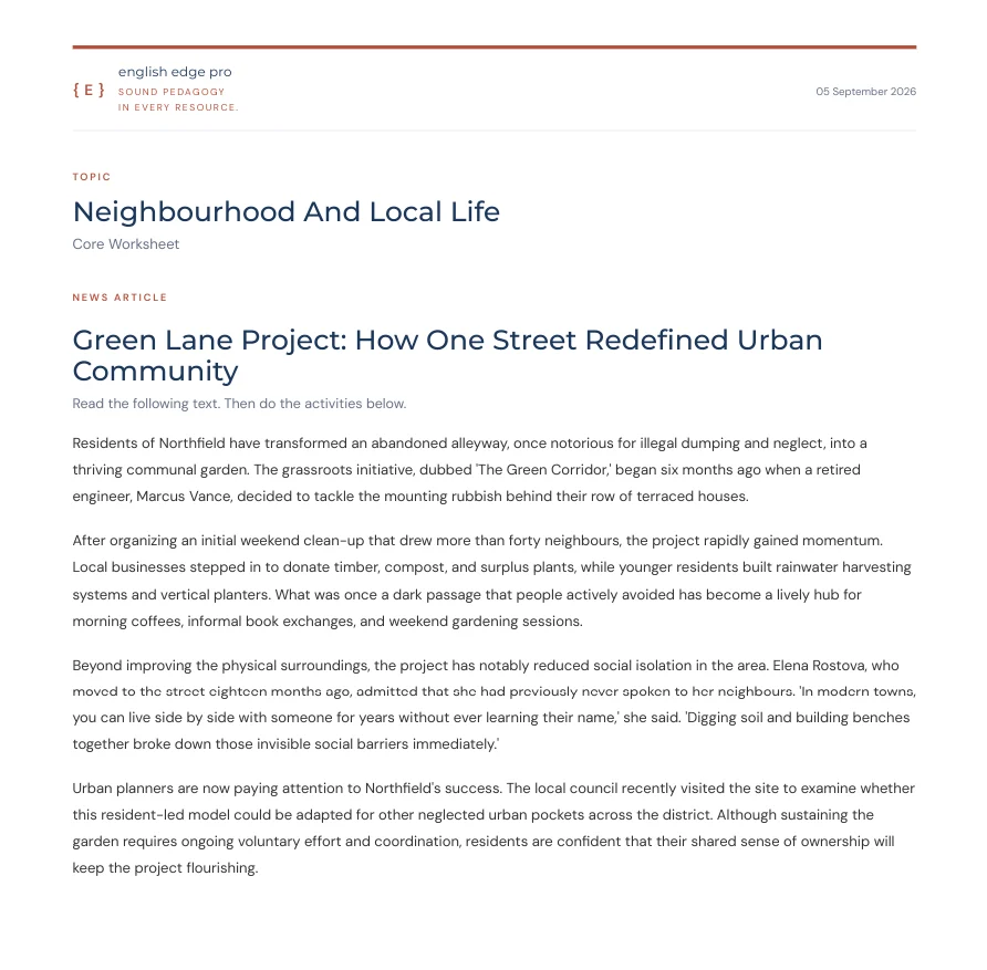 Core worksheet, "Green Lane Project", a news-article style reading passage